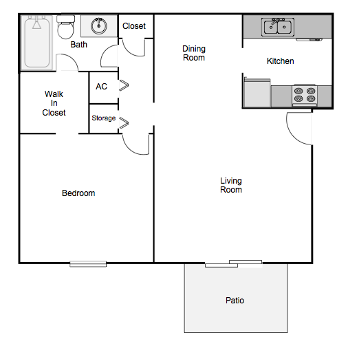 Floor plan for 1 bed, 1 bath, 690 sqft